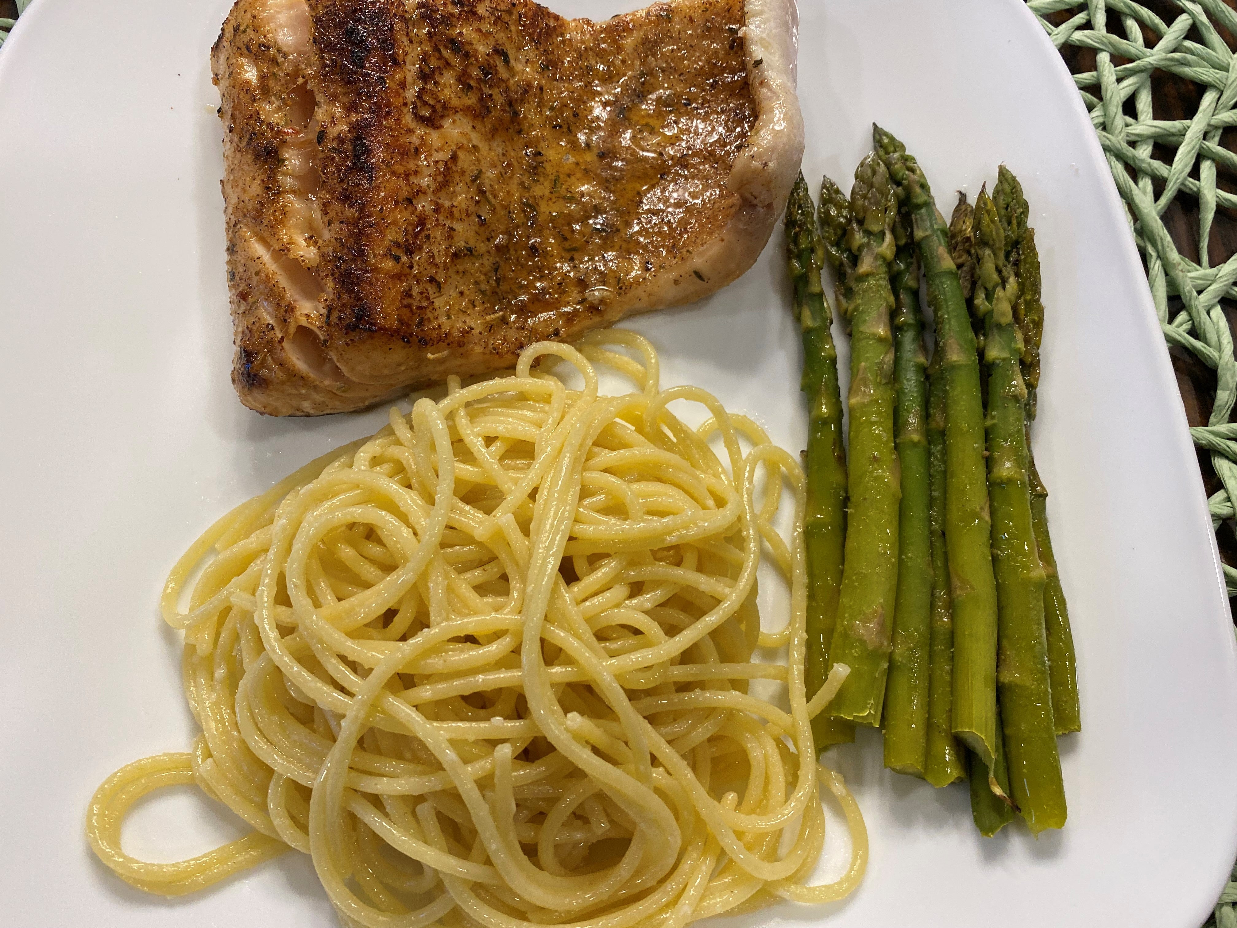 Pan Seared Lake Trout with Roasted Asparagus and Pasta